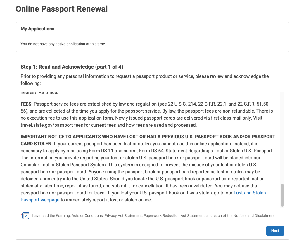 US Online Passport Renewal Terms